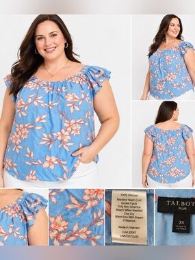 Talbots Plus 3X Blue Floral Blouse Boho Lightweight Summer Top
